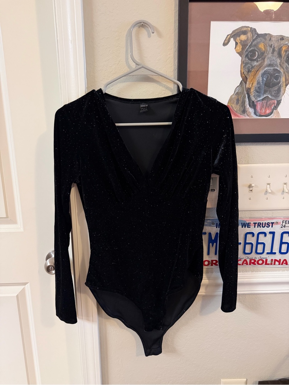 SHEIN Black Sparkle Long Sleeve V-Neck Bodysuit